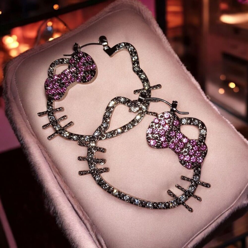 Hello Kitty Open Face Rhinestone Hoop Earrings
